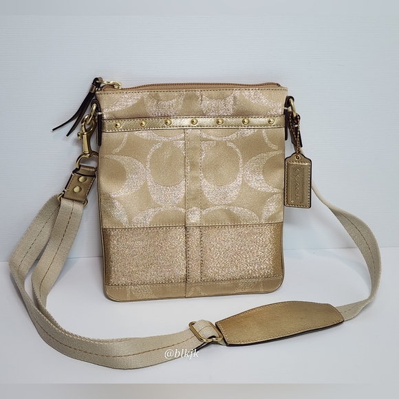 Coach Gold Metallic Signature C Crossbody *Cream/Gold* EUC - Picture 1 of 15